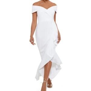 XSCAPE 4 S White Ruffled Off-the-shoulder Hi Low Midi Gown NWT $259 B154 *flaw